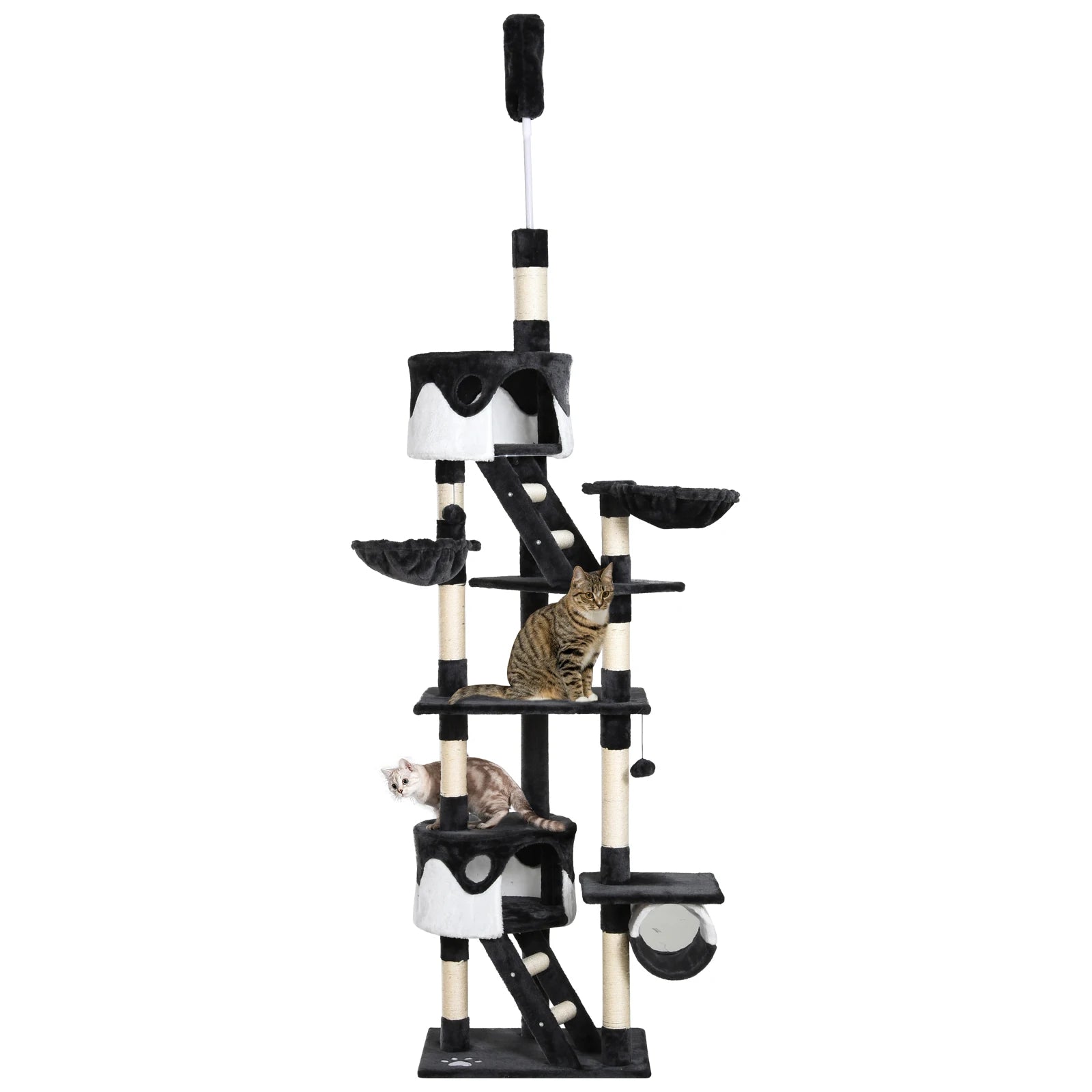 Floor to Ceiling Cat Tree 240-260cm with 2 Cat Houses Hammocks Tunnel Scratching Posts for Multiple Cats White