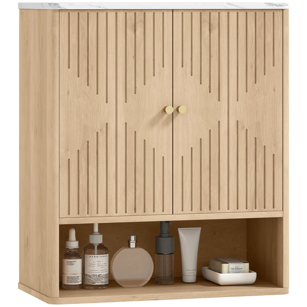 Wall-Mounted Bathroom Cabinet with Adjustable Shelf and Open Shelf, Oak and White