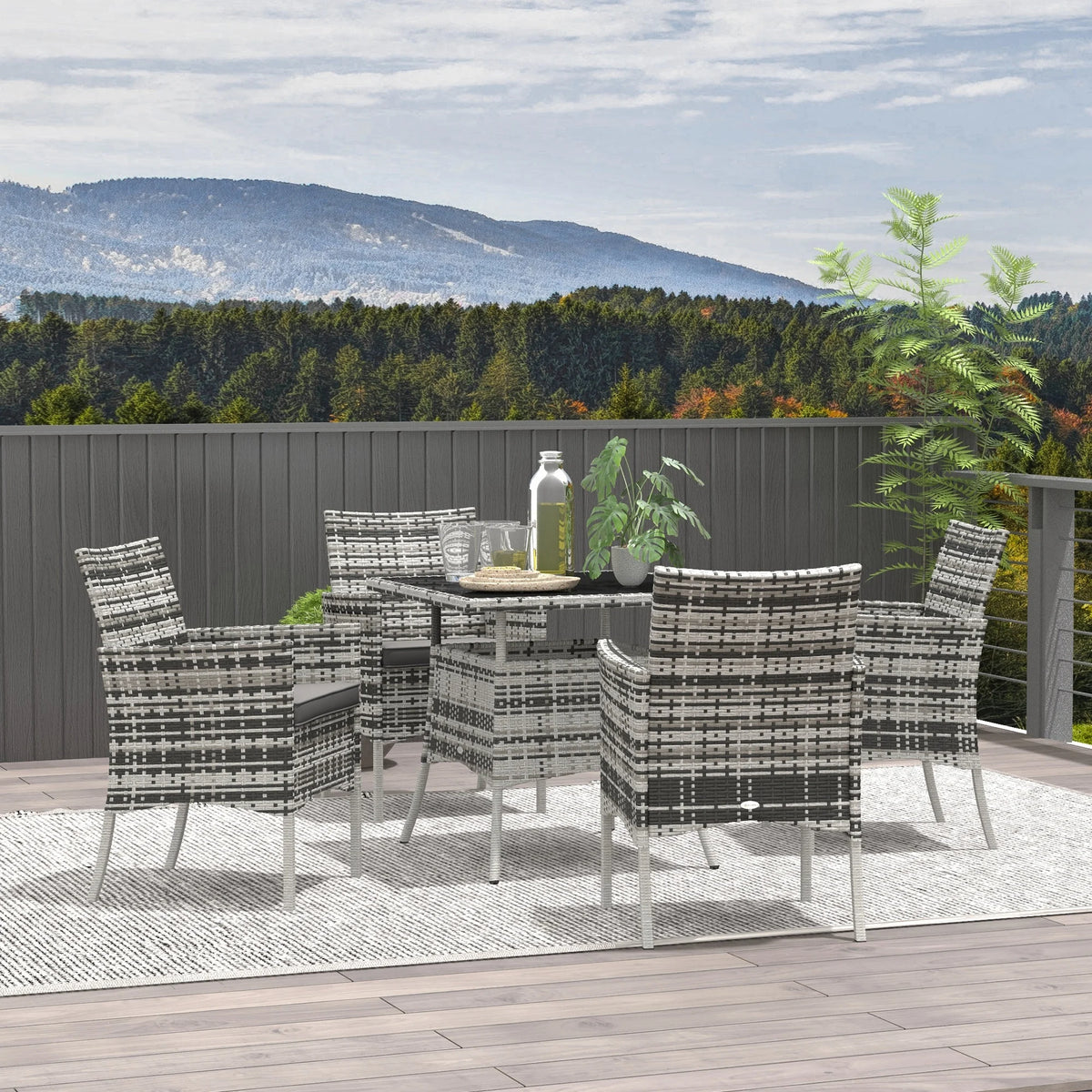 4 Seater Rattan Set with Cushions, PE Rattan Garden Furniture Set, Glass Top Table, Outdoor Table and Chairs