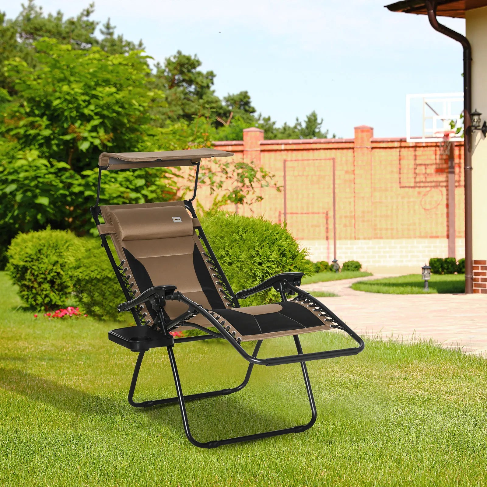 Zero Gravity Folding Lounger Chair with Canopy, Cup Holder Tray and Removable Headrest Cushion