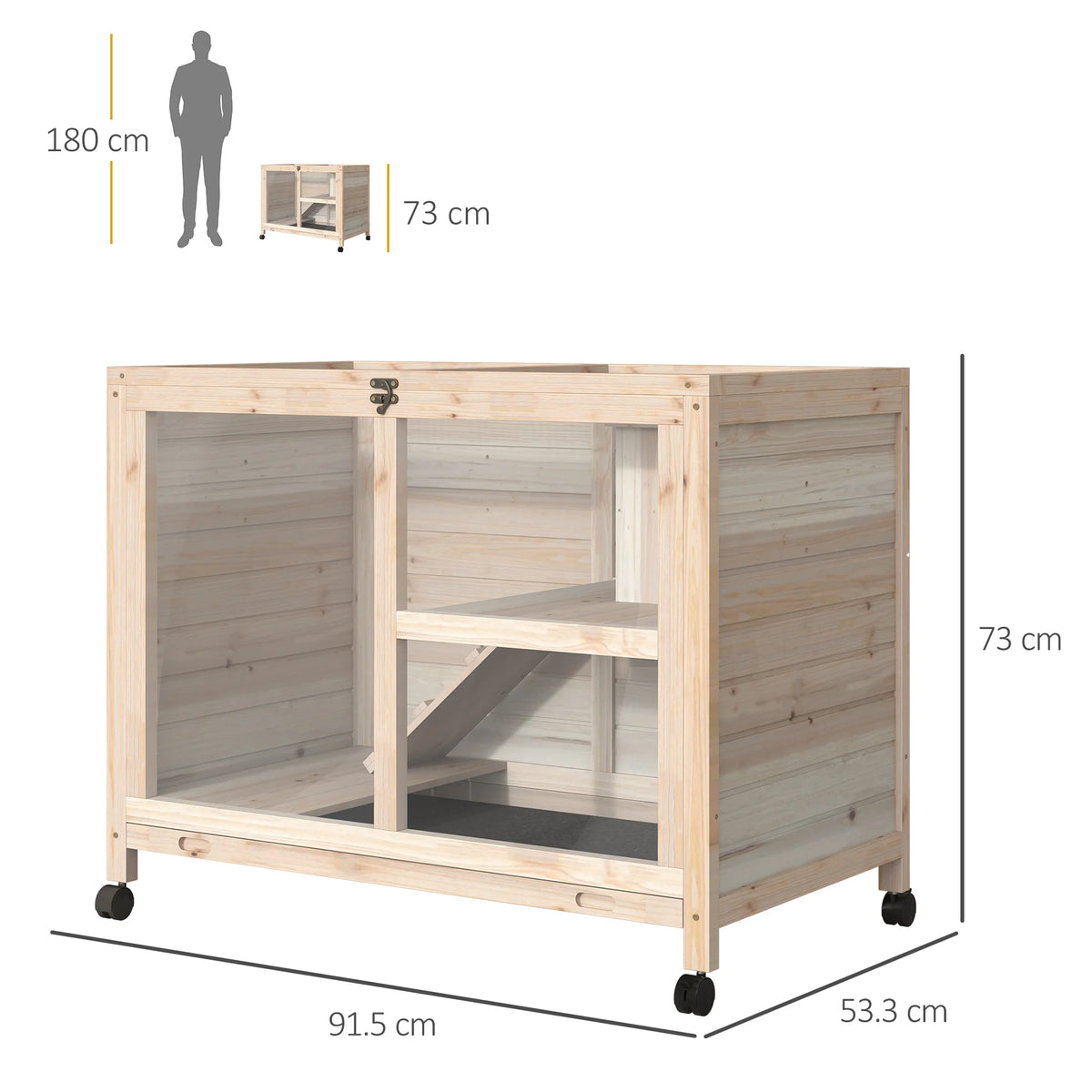 Indoor Wooden Rabbit Hutch 2 Floor Bunny Cage with Ramp Openable Top Latched Door and Wheels