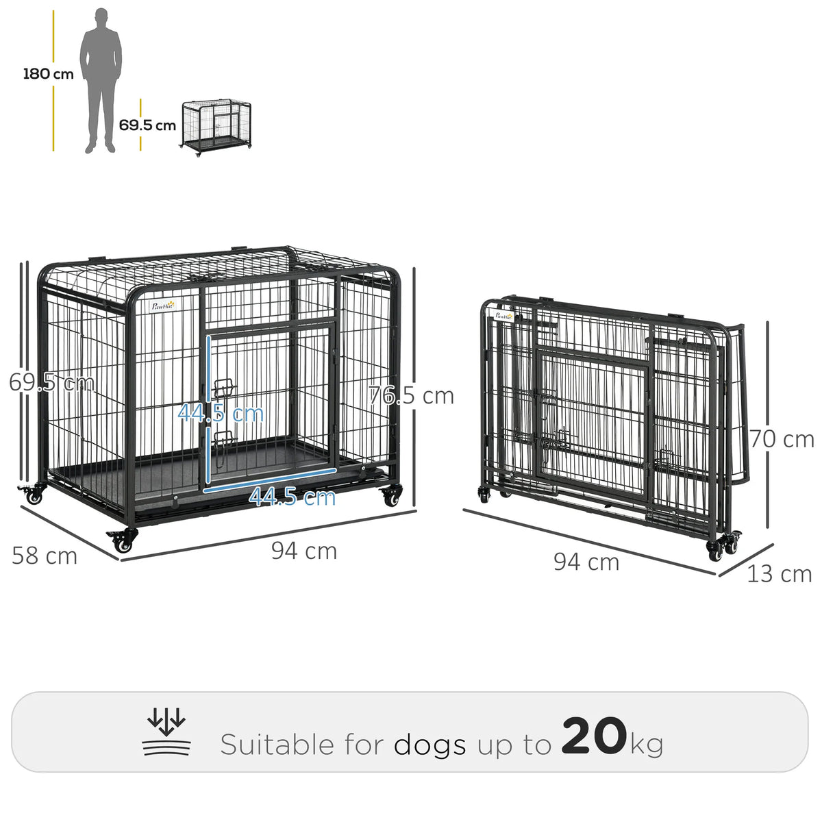 Folding Metal Dog Crate with Locking Door and Wheels
