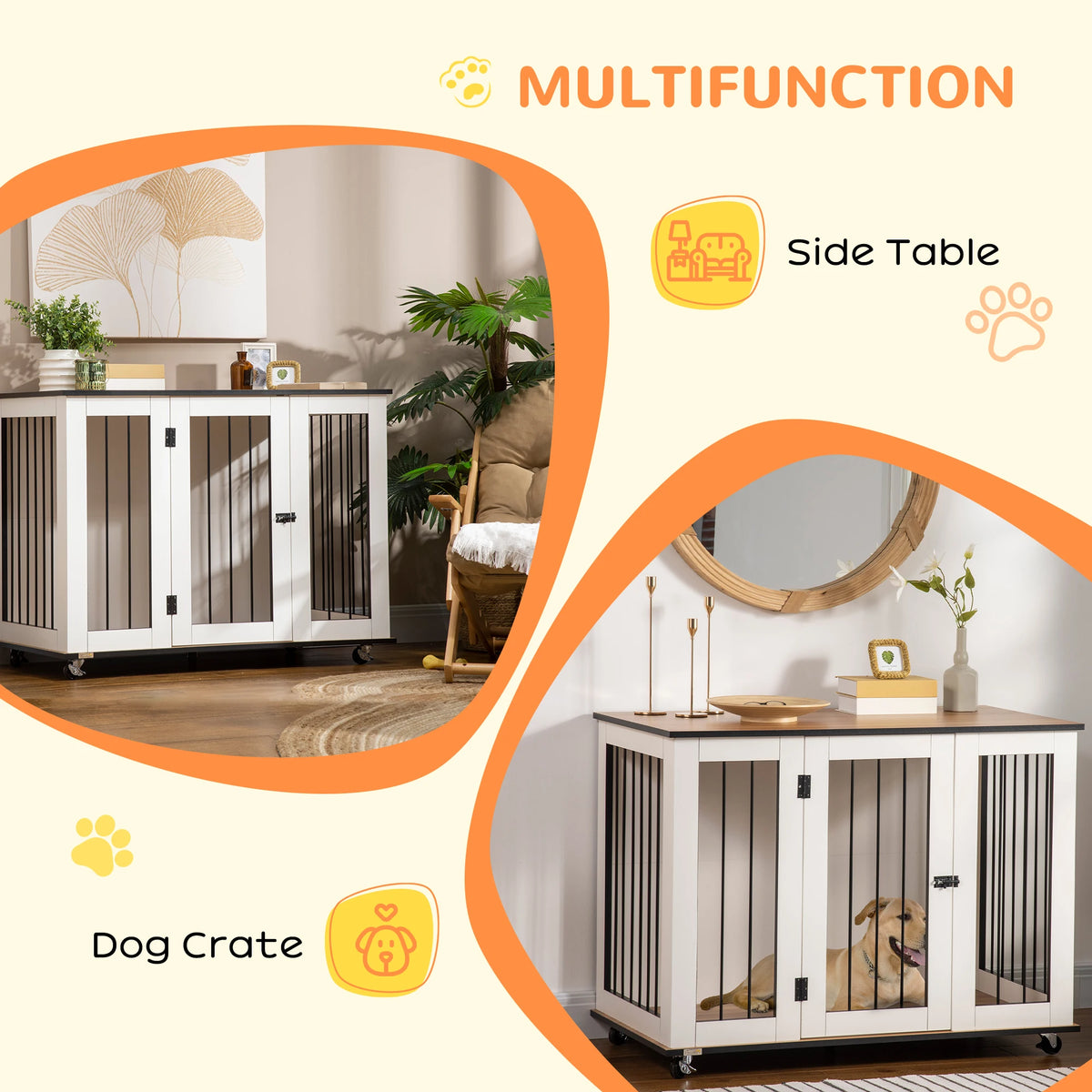 White Dog Crate End Table with Lockable Door and Wheels