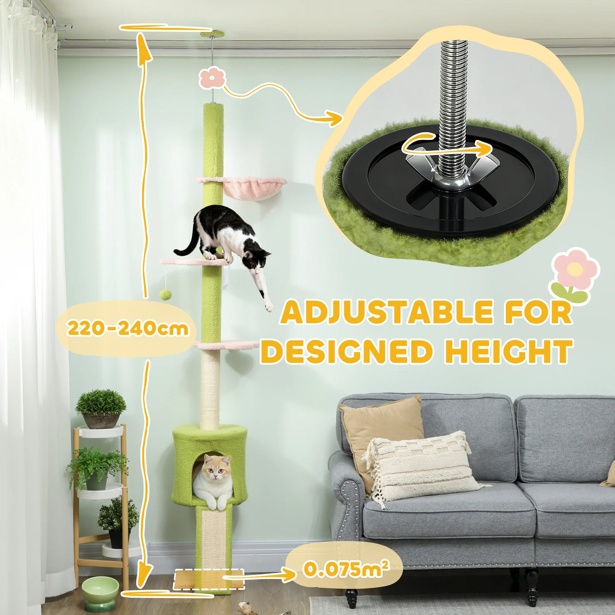 PawHut Floor to Ceiling Cat Tree Adjustable 220-240cm Tower with Cat House Hammock Sisal Posts