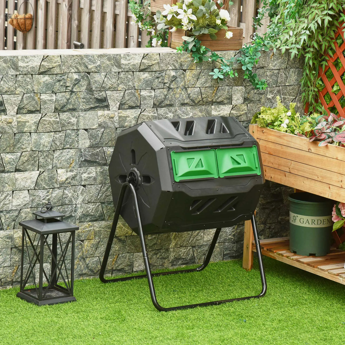 Garden Compost Bin 160L Dual Tumbler Rotating Outdoor Composter W/ Sliding Doors