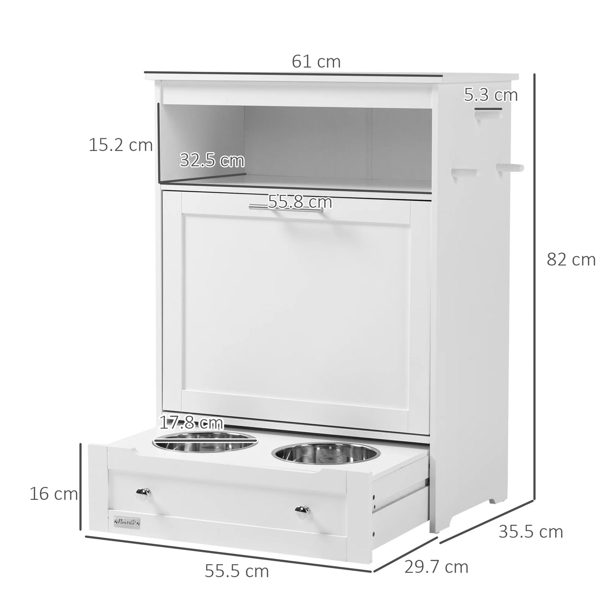 Pet Feeder Station with Storage Cabinet 61x82cm 2 Raised Bowls in Pull Out Drawer and 3 Side Hooks MDF