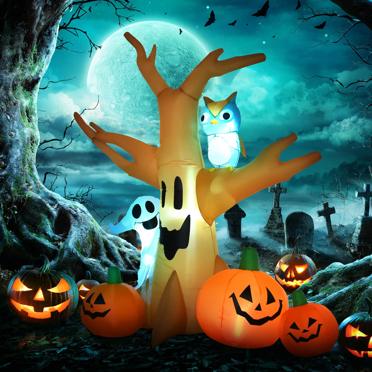 Inflatable Halloween Tree with Ghost, Owl and Three Pumpkins, LED Lit Decoration