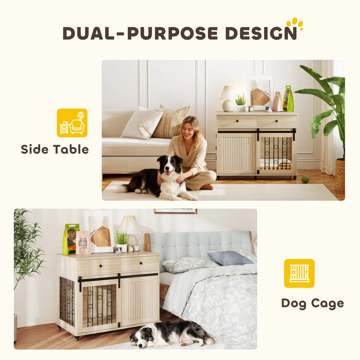 Dog Crate End Table with Sliding Barn Door, 2 Drawers and Wheels, Oak