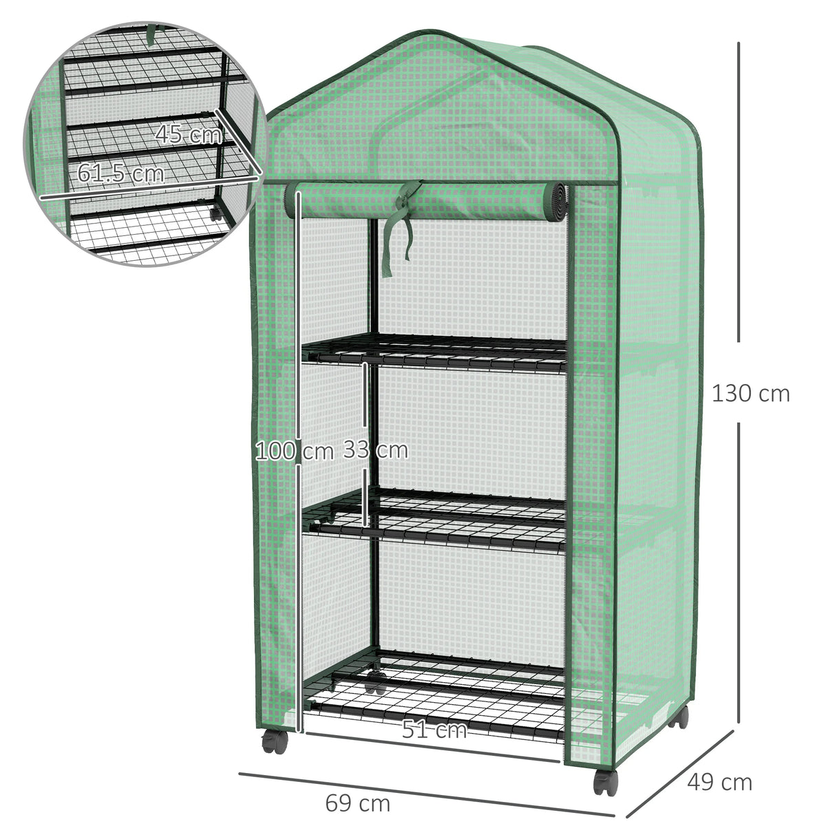 3-Tier Mini Greenhouse with Reinforced PE Cover, Green
