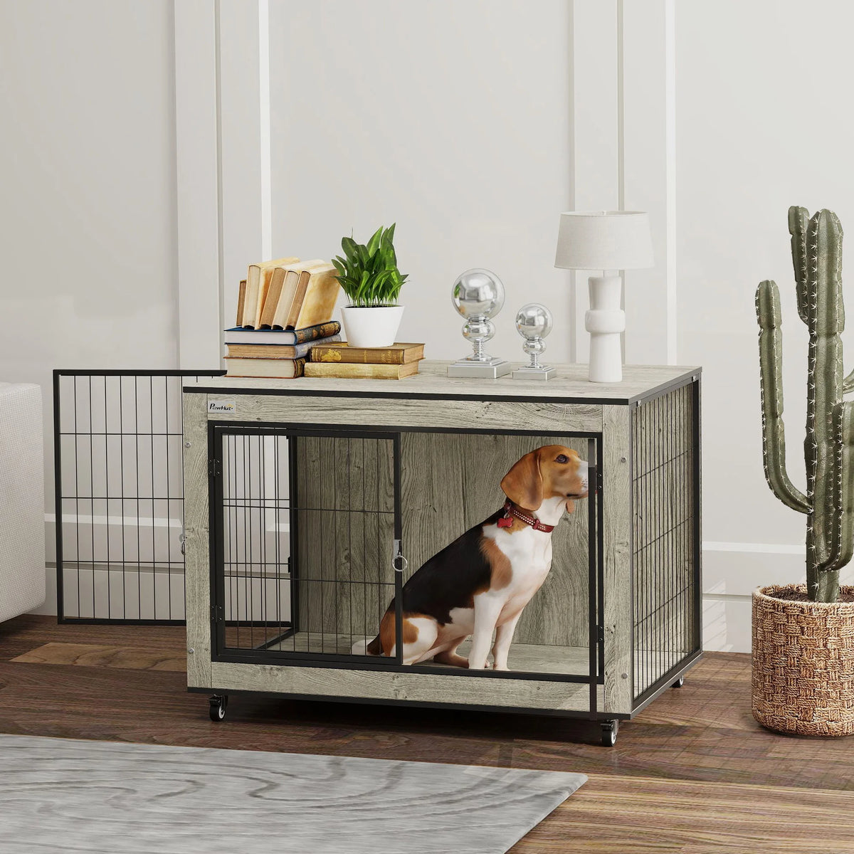 Dog Crate Furniture on Wheels, for Medium Dogs, 80 x 56 x 62.5cm