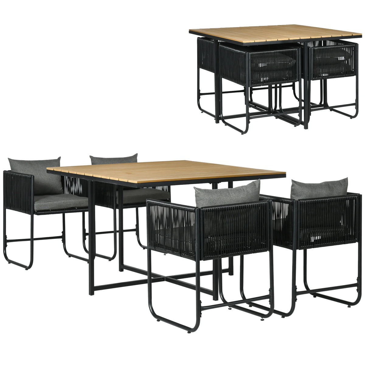 5 Piece Rattan Cube Garden Set 4 Armchairs Square Table Powder Coated Metal Wood Effect Top with Cushions