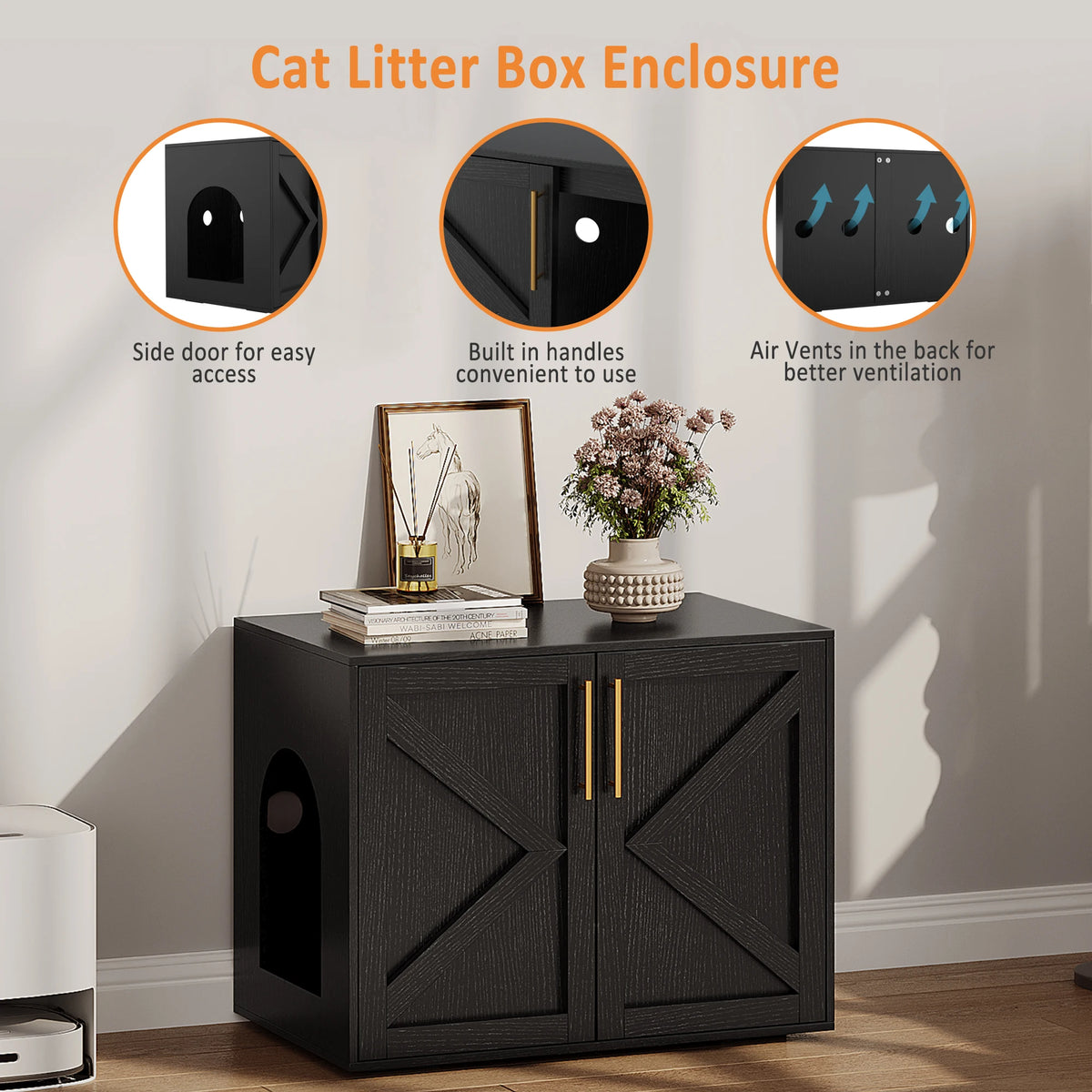 Hidden Cat Litter Box Enclosure, Barn Door Cabinet & End Table