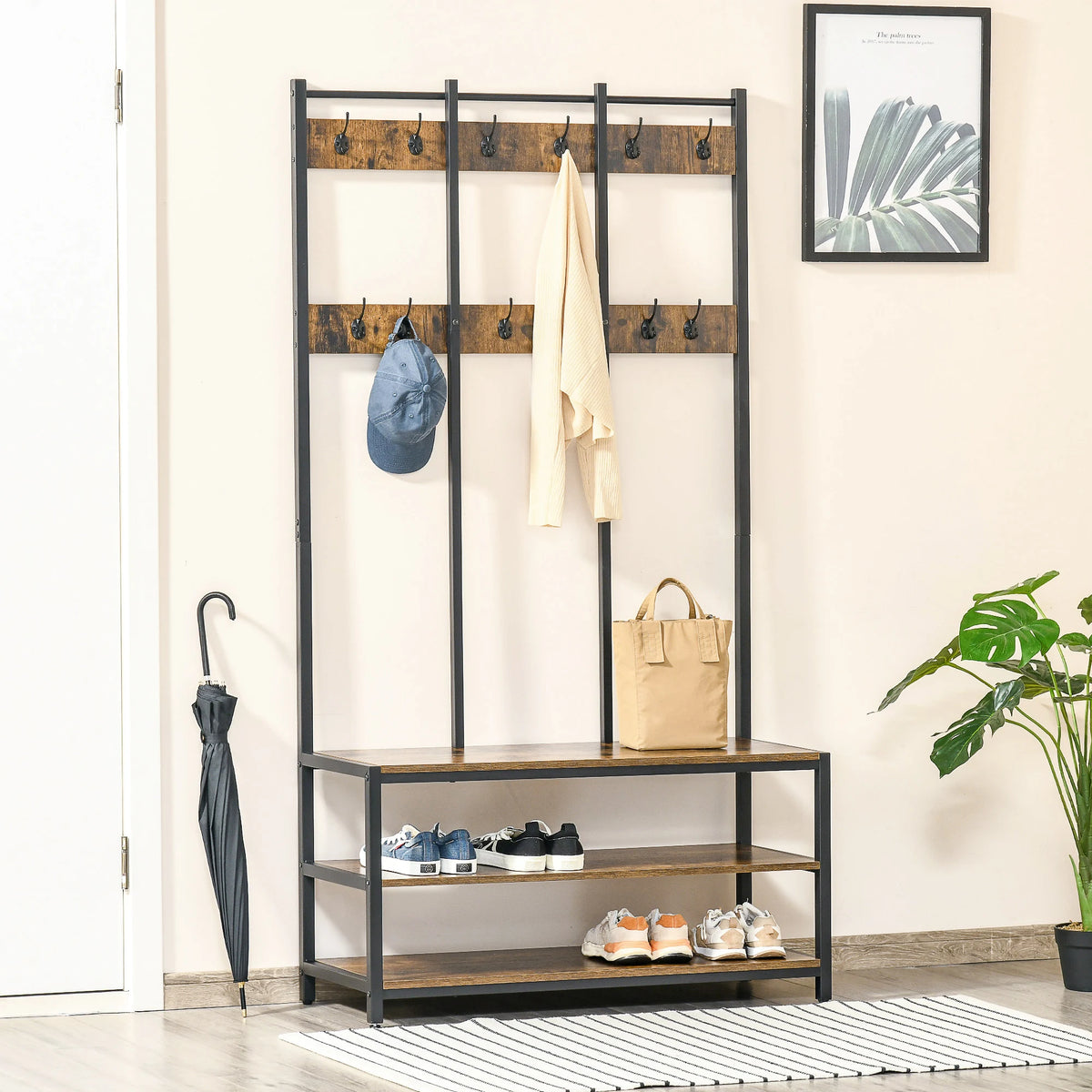 3 in 1 Hall Tree Coat Rack with 12 Hooks and 3 Tier Shoe Bench Industrial Metal Frame Anti Toppling