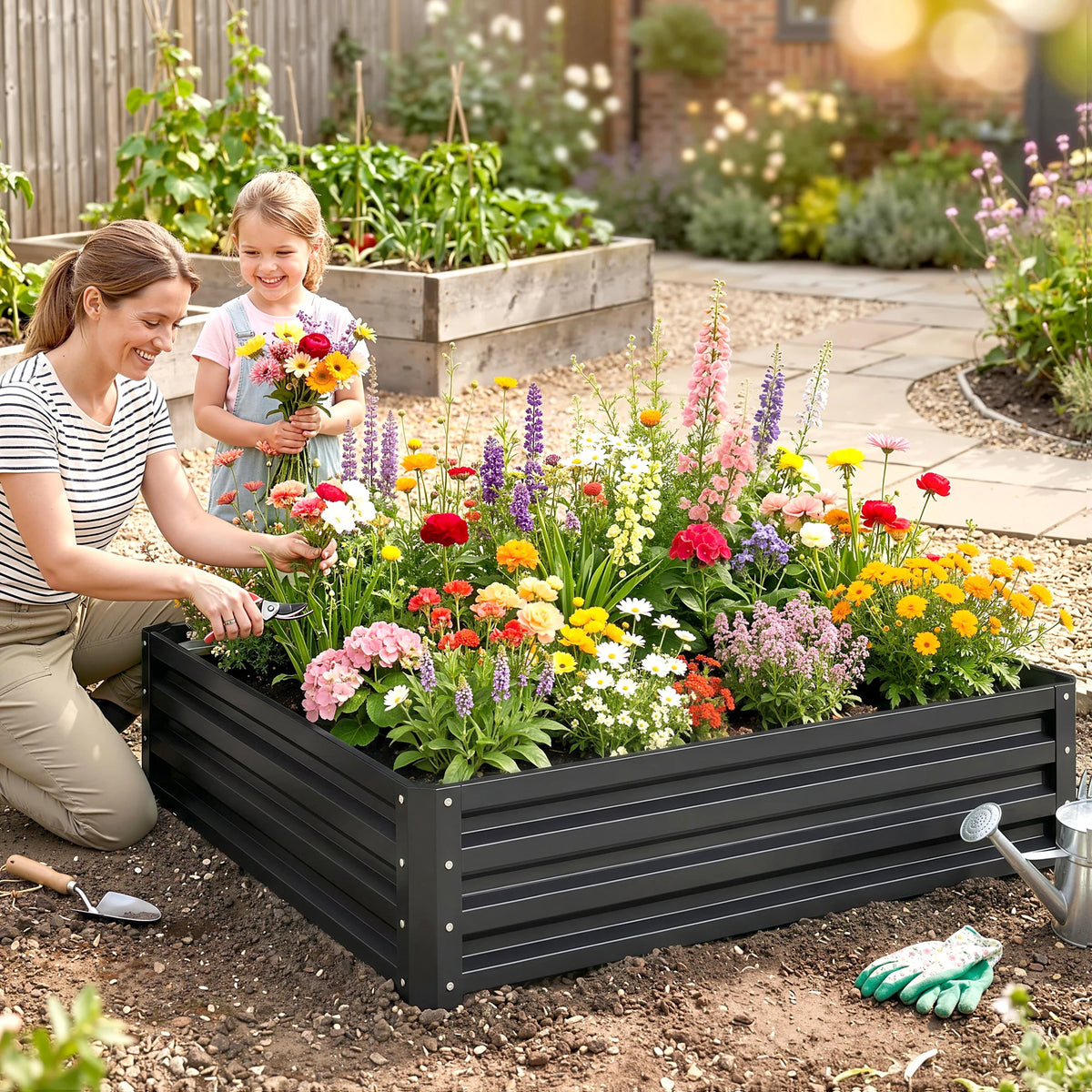 Raised Garden Bed, Galvanised Steel Planter for Flowers & Vegetables, Grey