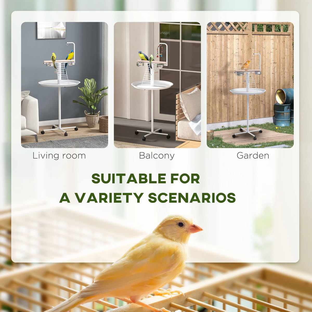 Mobile Bird Table with Perches, Stainless Steel Bowls and Wheels