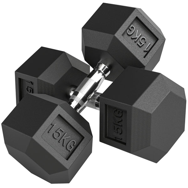 2 x 15kg Rubber Hex Dumbbells, Portable Hand Weights