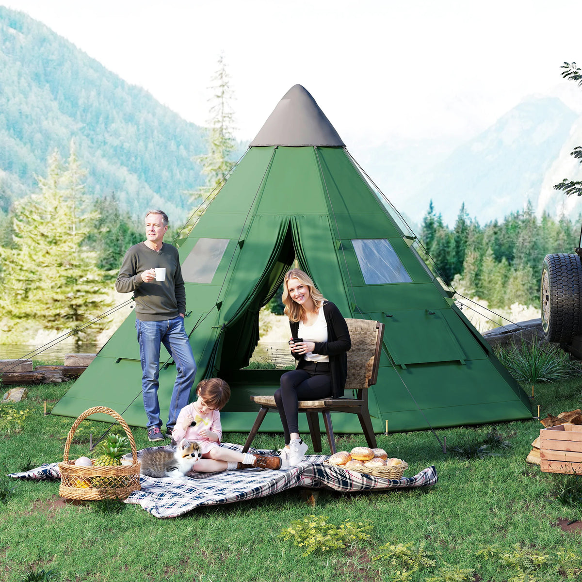 6 Person Tipi Tent with Mesh Windows and Sewn-In Groundsheet, 365 x 365 x 260 cm
