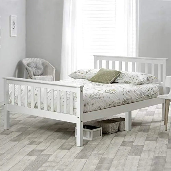 4ft6 Double Wooden Bed Frame, White Solid Pine, No Box Spring Needed