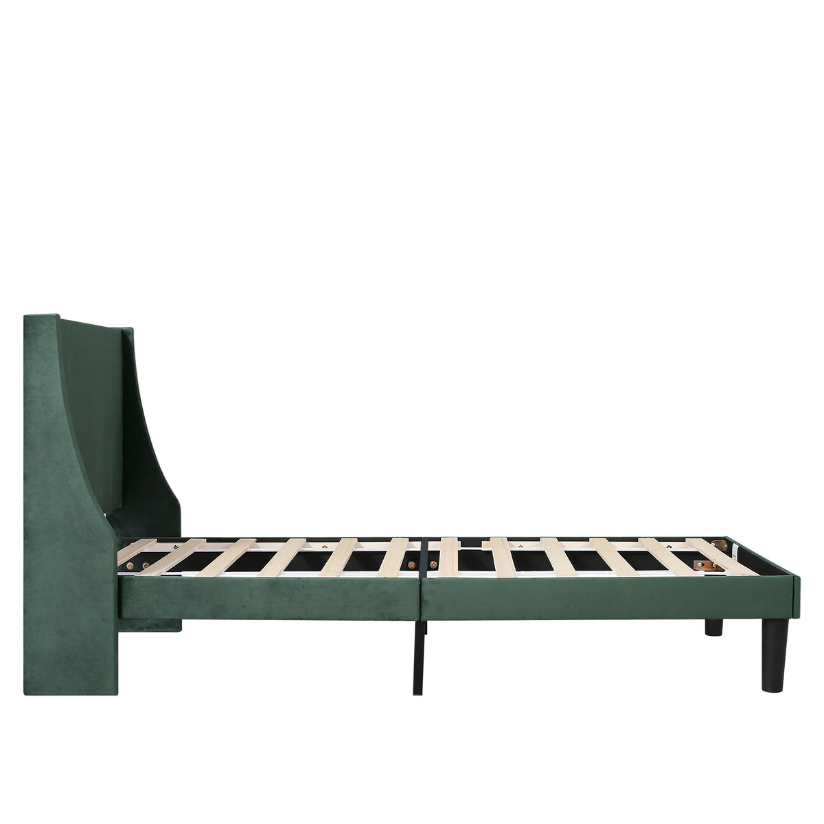 3FT Single Bed with Winged Headboard, Dark Green Velvet Upholstery, Wood Slat Support