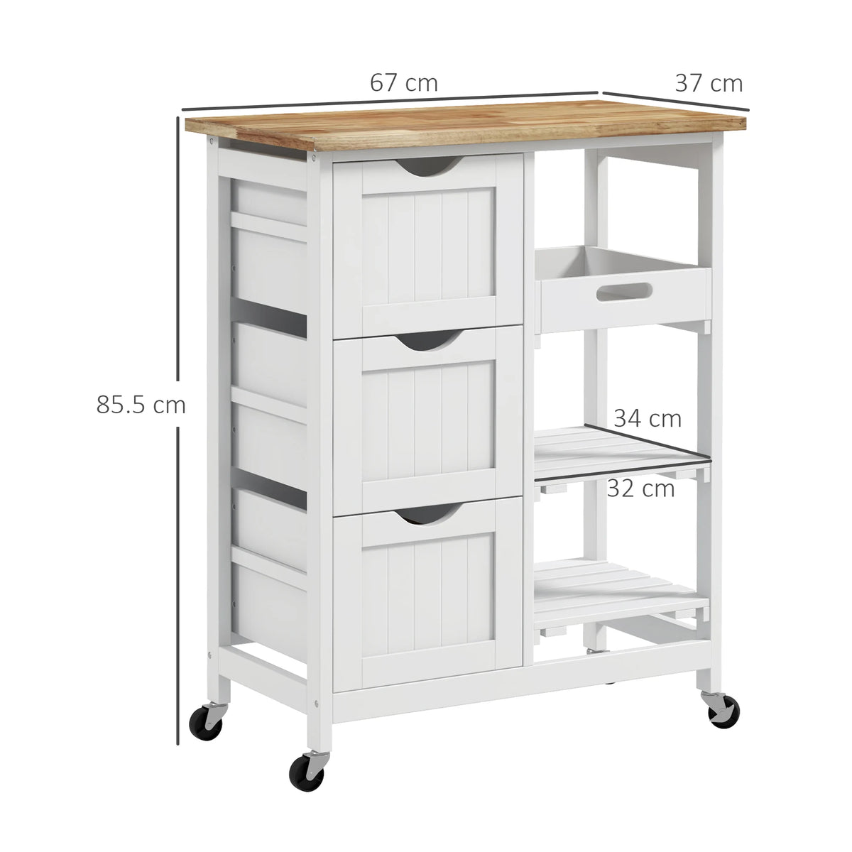 Rolling Kitchen Island Cart with 3 Drawers 2 Slatted Shelves Removable Serving Tray Wooden Top on 4 Wheels