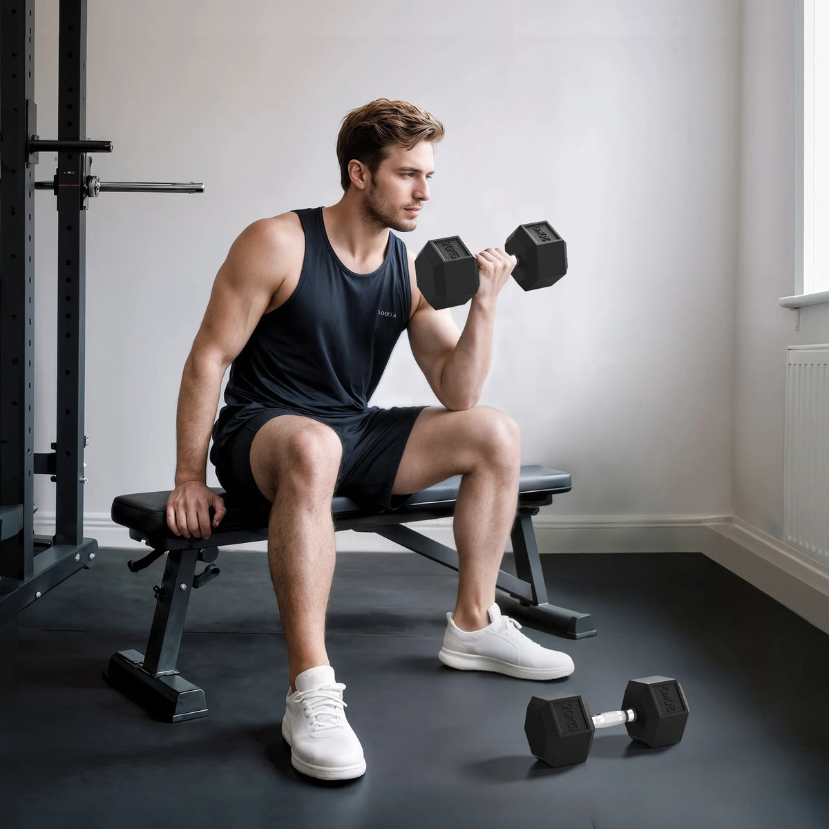 2 x 20kg Rubber Hex Dumbbells, Pair of Hand Weights with Knurled Grip, Black