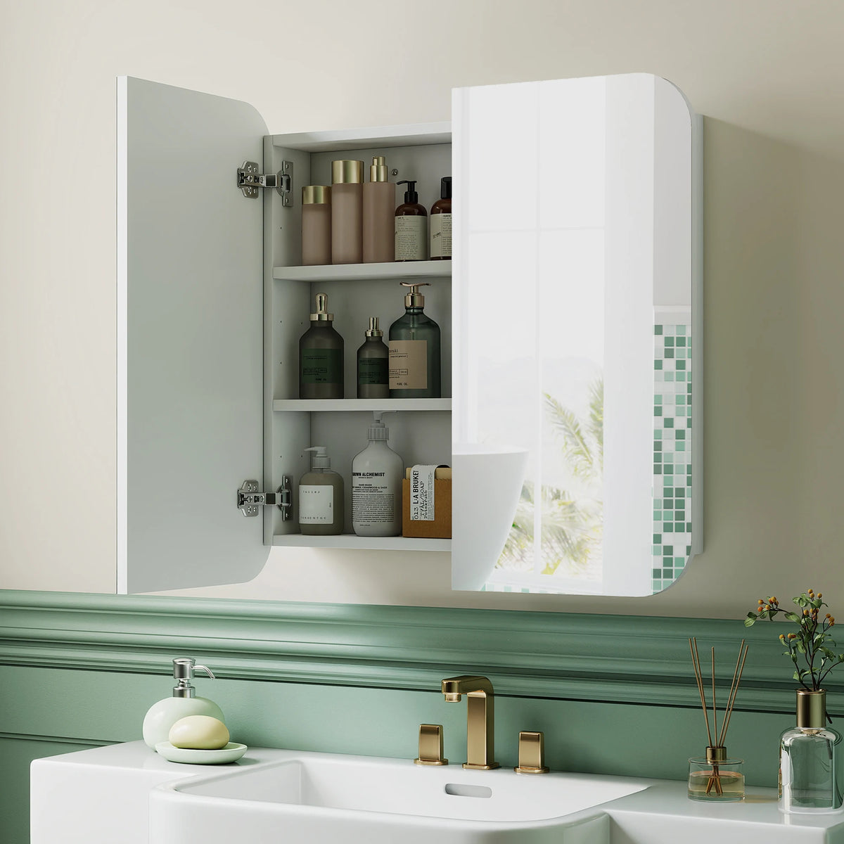 Arched Wall-Mounted Bathroom Mirror Cabinet with Adjustable Shelves, White