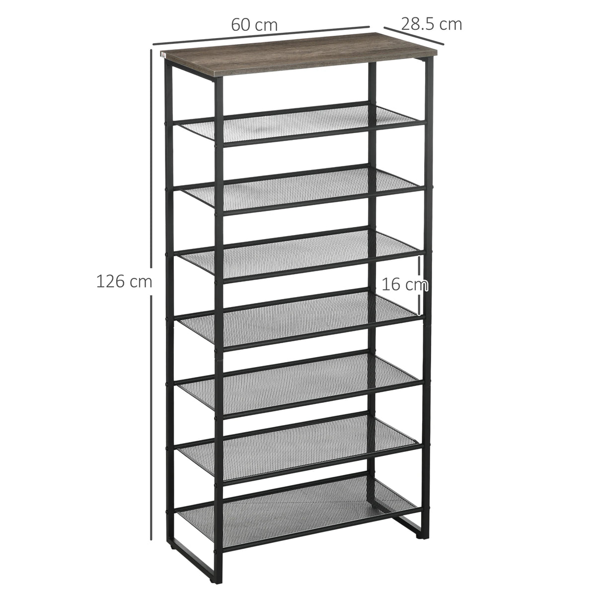 Tall Metal Shoe Rack with 7 Mesh Shelves and Top Shelf, Holds 21 Pairs, Black and Grey