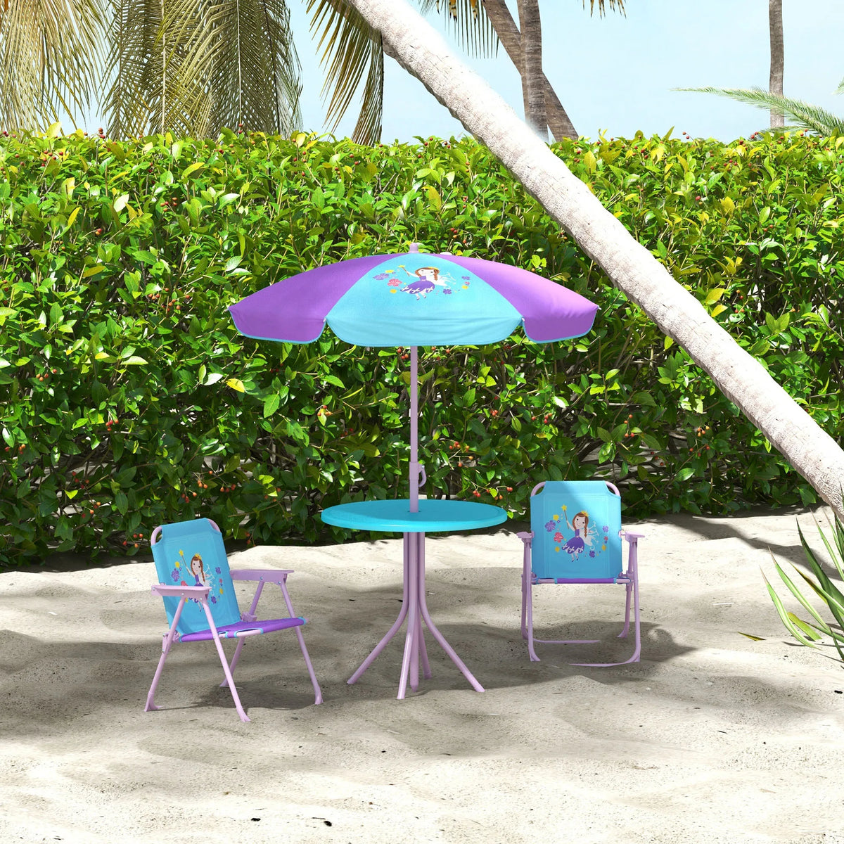 Kids Bistro Table and Chair Set Fairy Theme with 86-122cm Adjustable Parasol and Safety Lock Folding Chairs