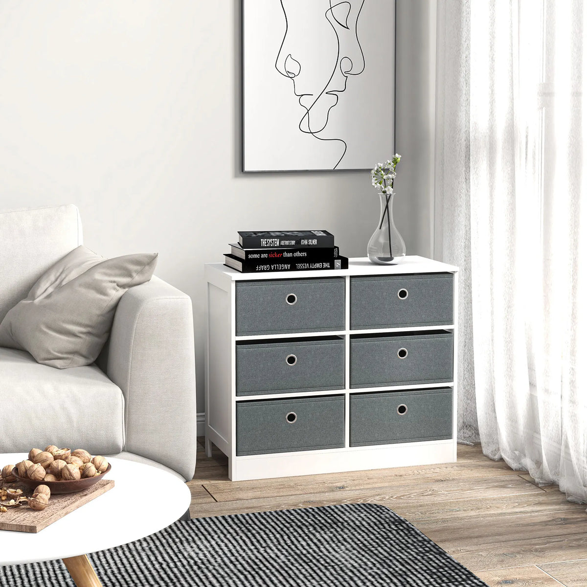 Chest of Drawers with 6 Fabric Drawers, White and Grey