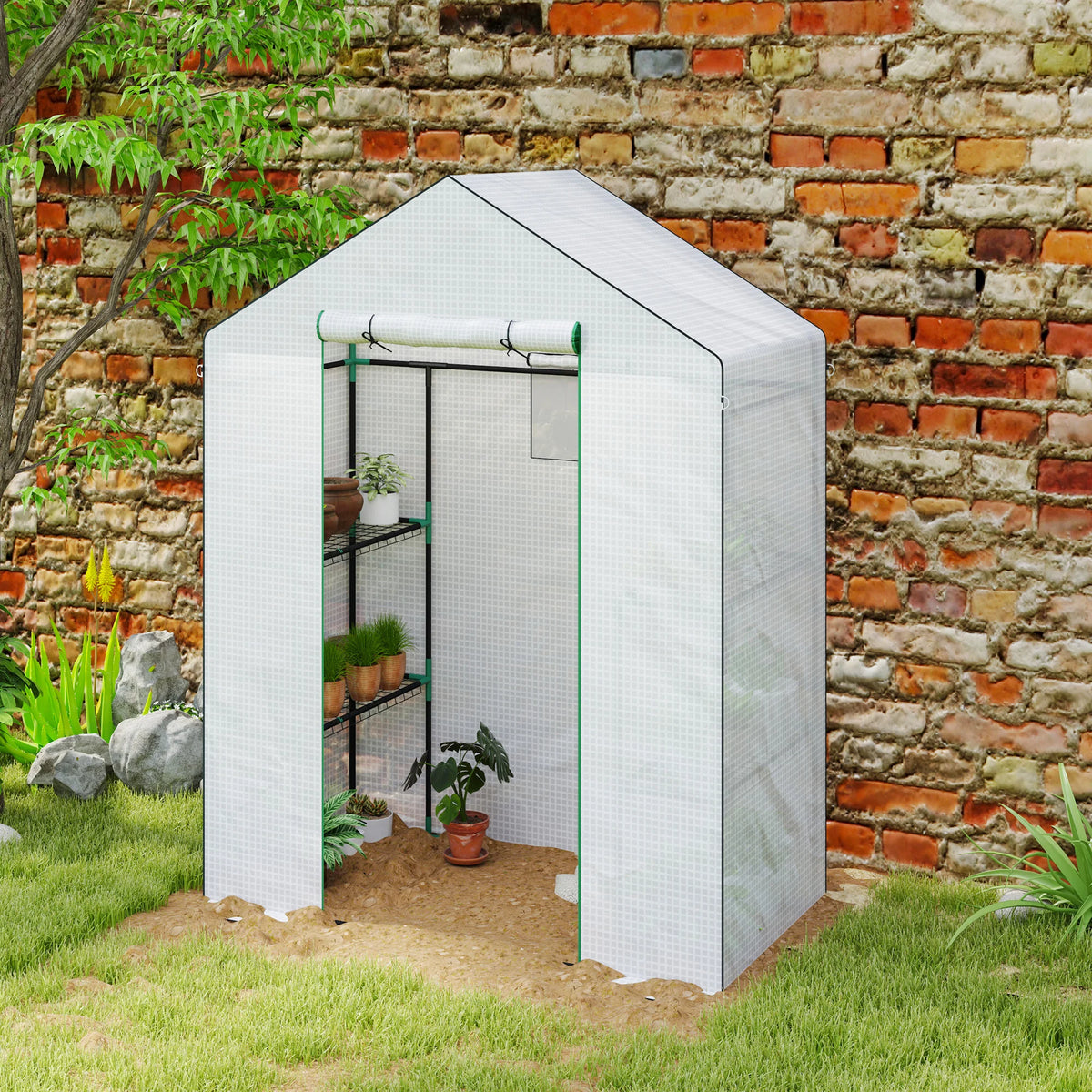 Walk-in Greenhouse with 8 Wire Shelves, Roll-Up Door, 143 x 74 x 190cm, White
