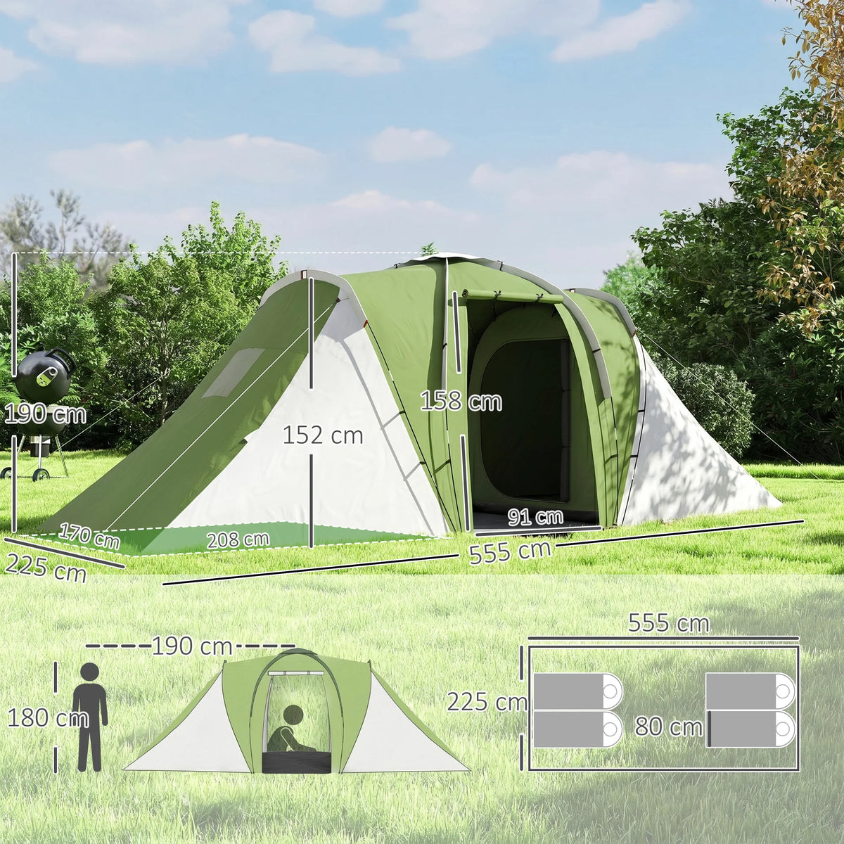 4 Person Tunnel Tent with 2 Bedrooms and Living Area, Green and White