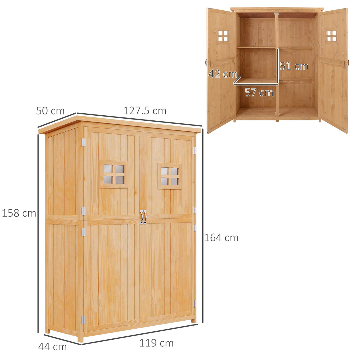 Wooden Garden Storage Shed with Double Doors and Three Shelves, 127.5 x 50 x 164cm