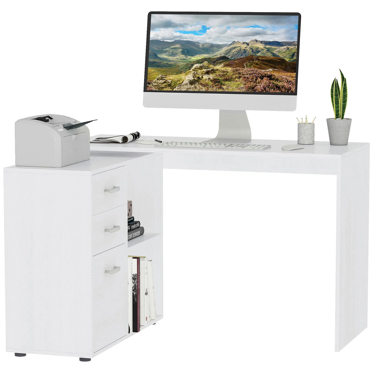 L-Shaped Corner Computer Desk with Drawers, Shelves and File Cabinet, White