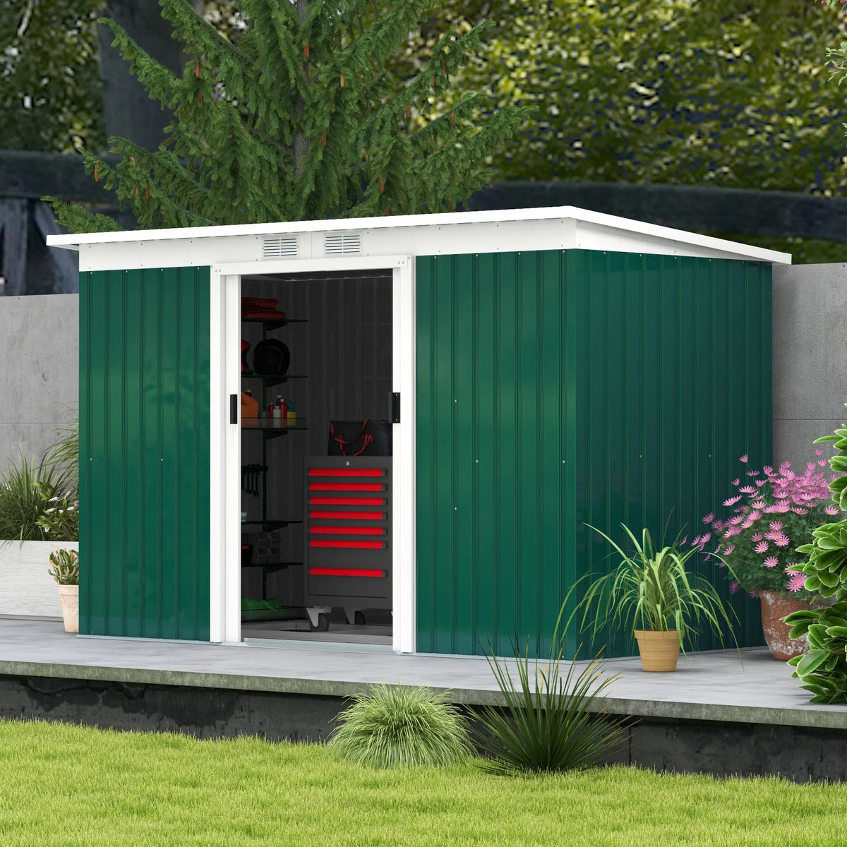 Galvanised Steel Garden Storage Shed, Dark Green