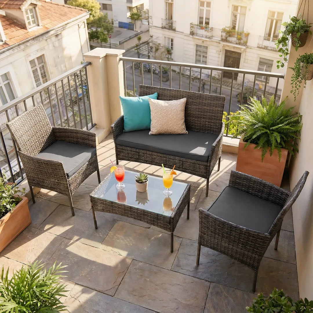 4 or 5 Piece PE Rattan Garden Corner Sofa Set with Coffee Table Cushions for Patio Outdoor Grey Khaki