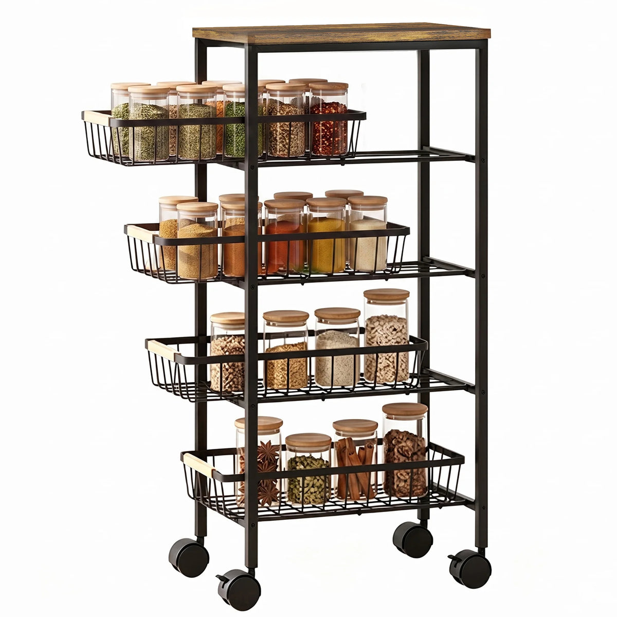Slim 4-Tier Storage Trolley with Pull-Out Baskets, Rustic Brown