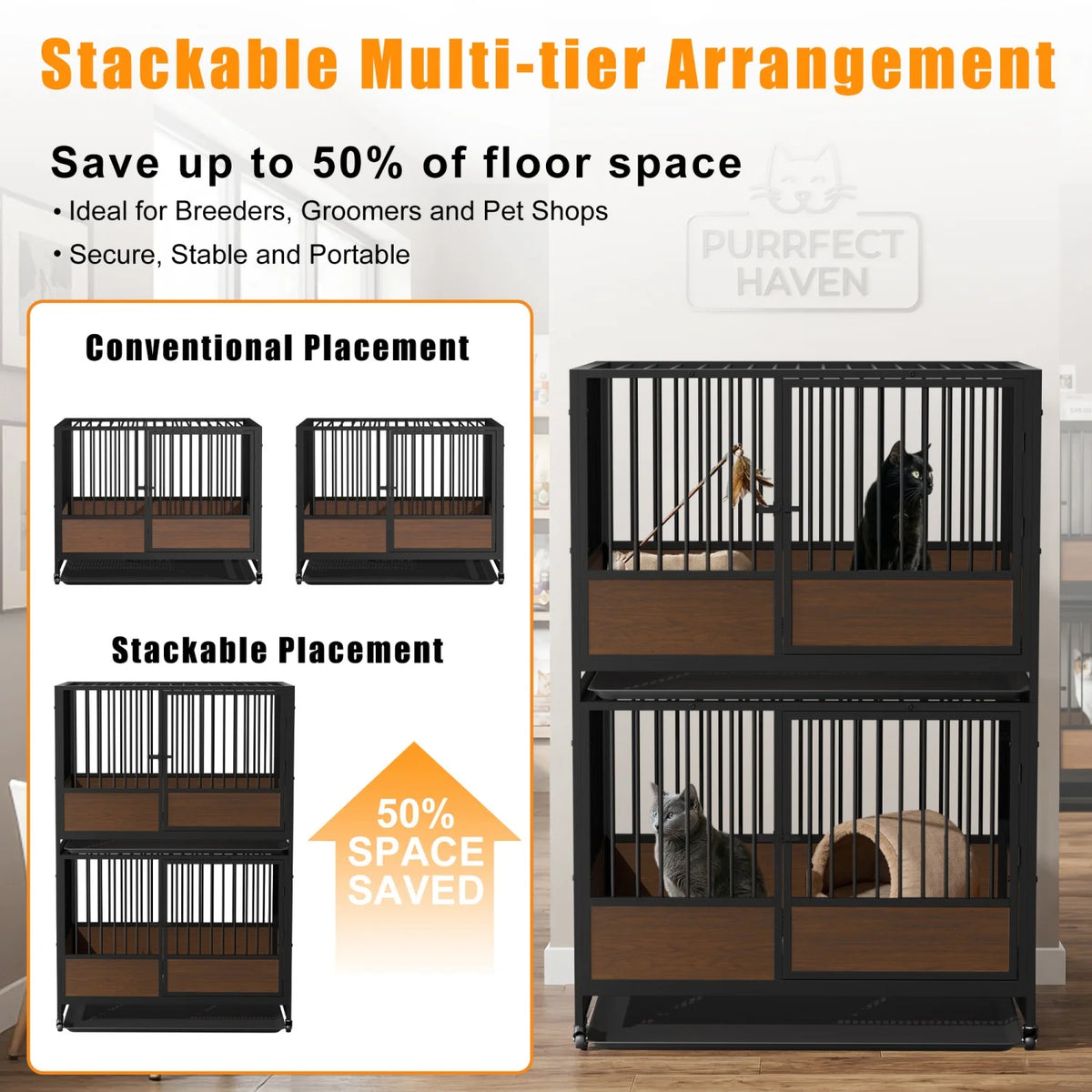 BINGOPAW Heavy Duty Dog Cat Crate Cage Kennel Stackable 2 in 1 Removable Tray Rolling Wheels