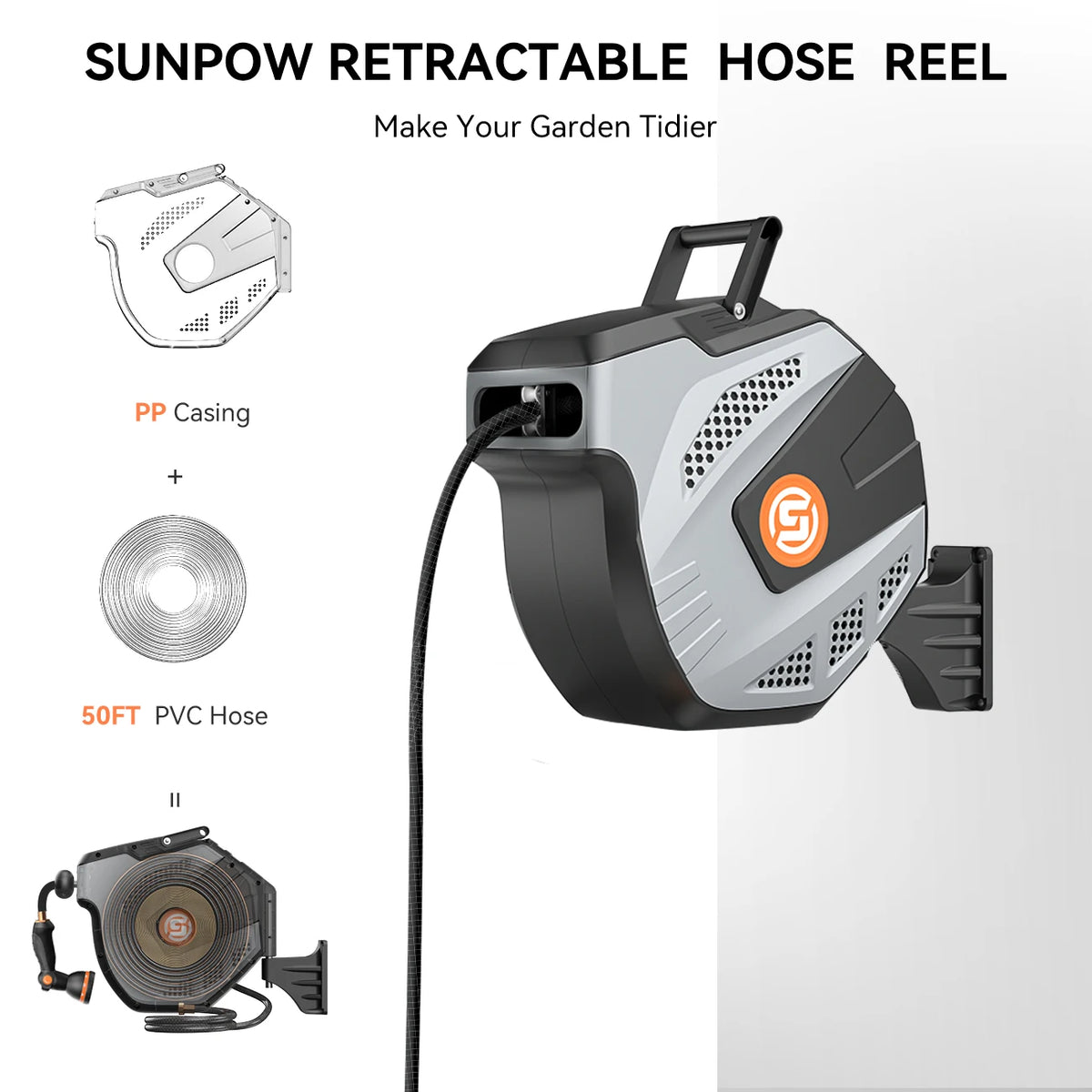 50ft Heavy Duty Wall Mounted Retractable Garden Hose Reel Brass Fittings 10 Sprayer Nozzles Auto Rewind Grey