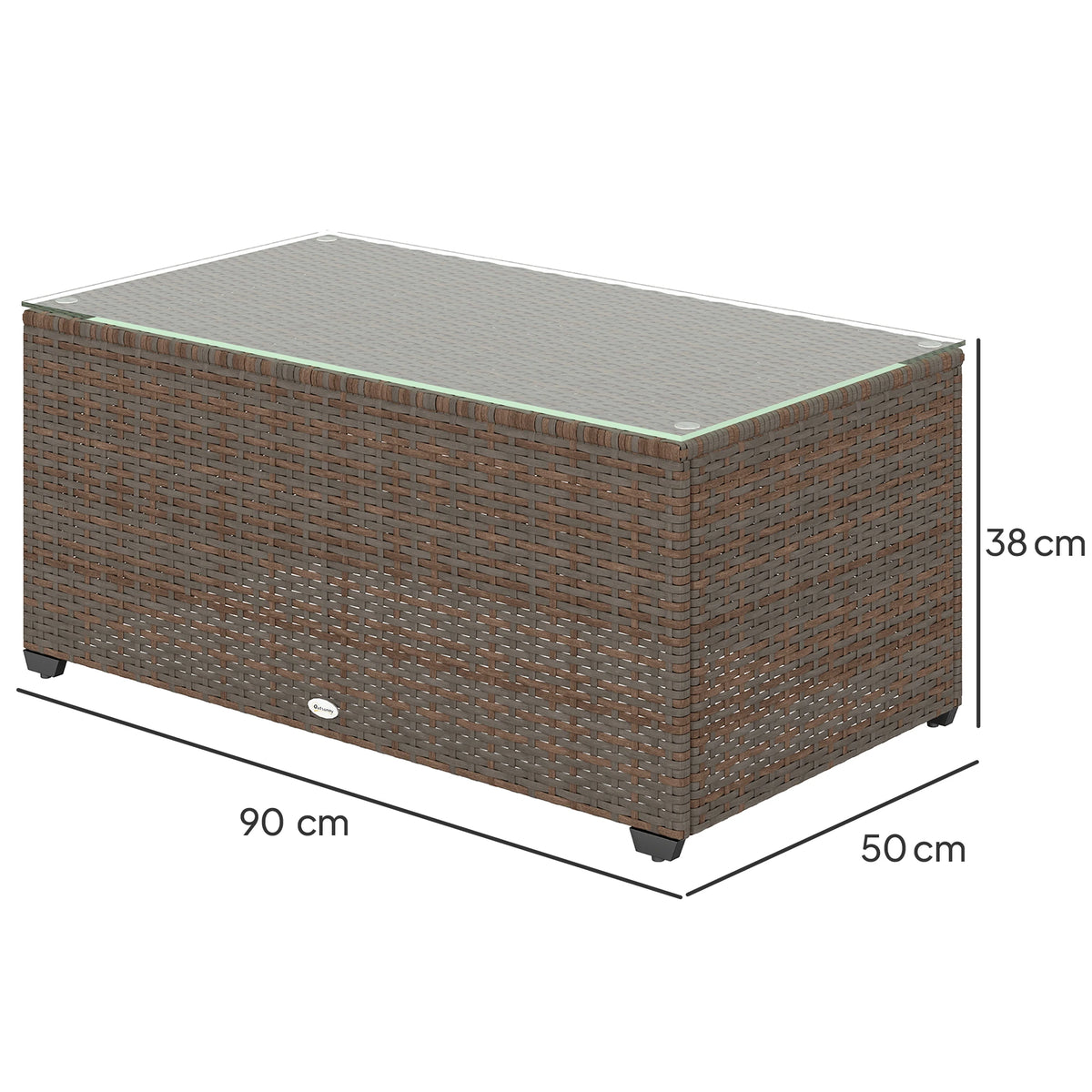 PE Rattan Garden Coffee Table with Tempered Glass Top, 90 x 50 x 38 cm, Brown