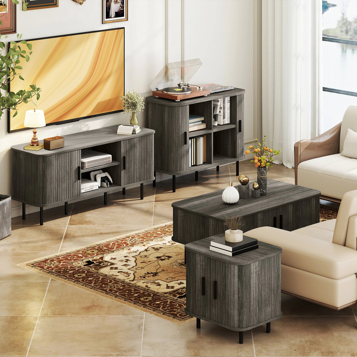 Coffee Table with Storage and Sliding Tambour Doors, Grey Wood-Effect