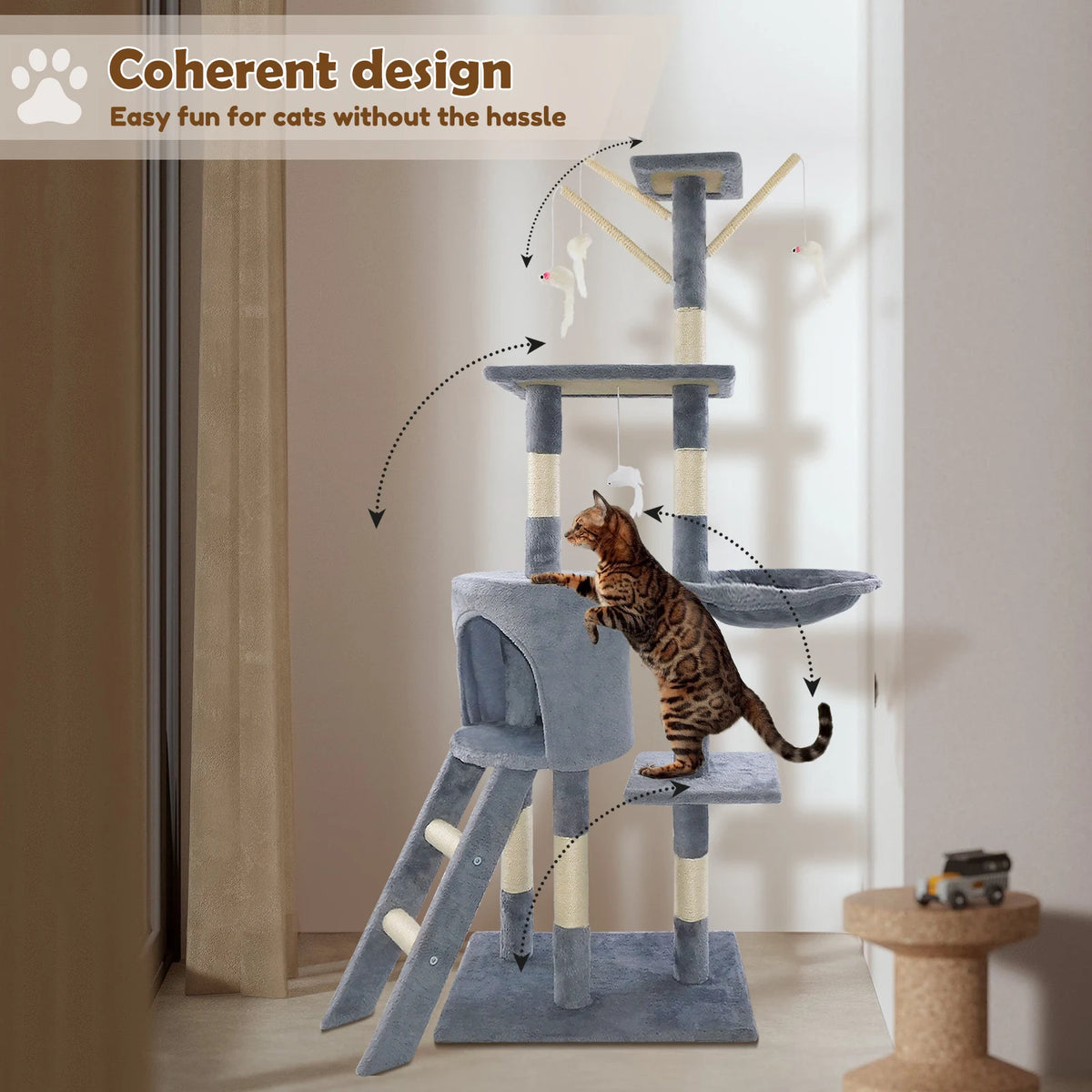 DayPlus 140cm Cat Tree Tower Multilevel Scratching Posts Condos Ladder Activity Centre for Cats