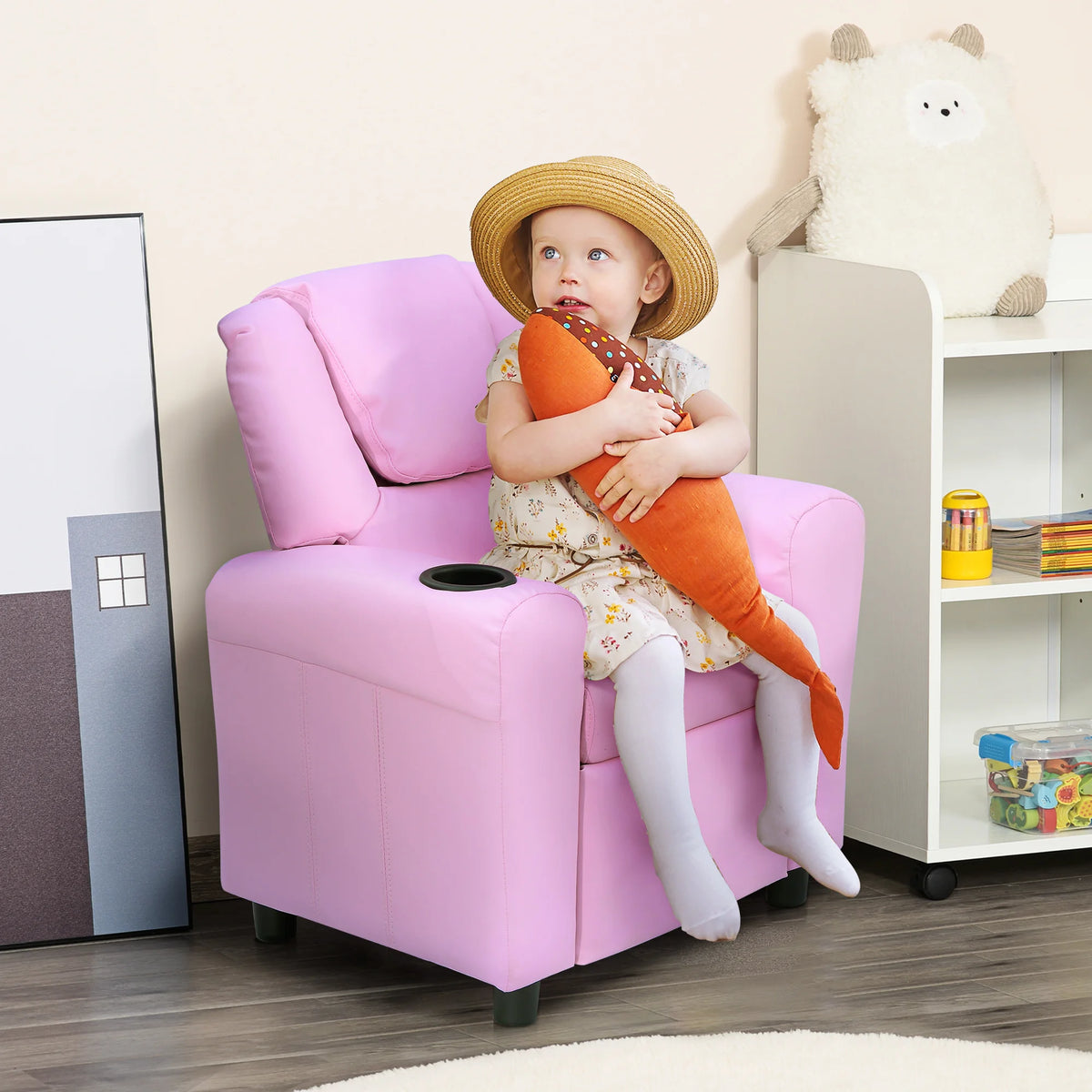 Kids Recliner Chair with Footrest and Cup Holder, PU Leather, Pink