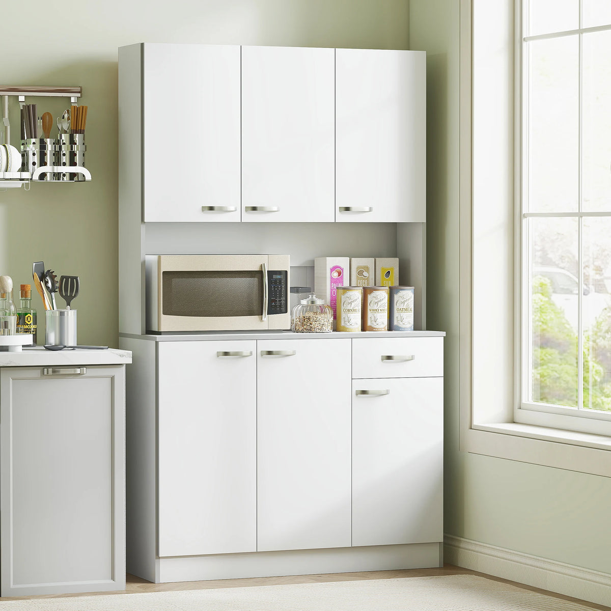Freestanding Kitchen Cupboard with 2 Cabinets Drawer and Open Shelf 3 Level Adjustable Shelves 73kg White