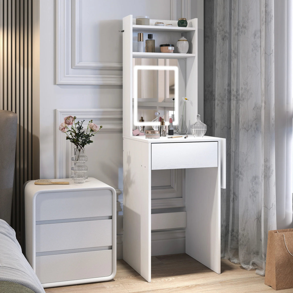 Small Dressing Table with LED Mirror and Fold-Out Leaf, White