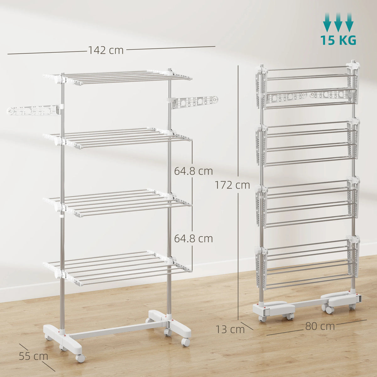 4 Tier Winged Clothes Drying Rack with Wheels, Foldable Clothes Airer, White