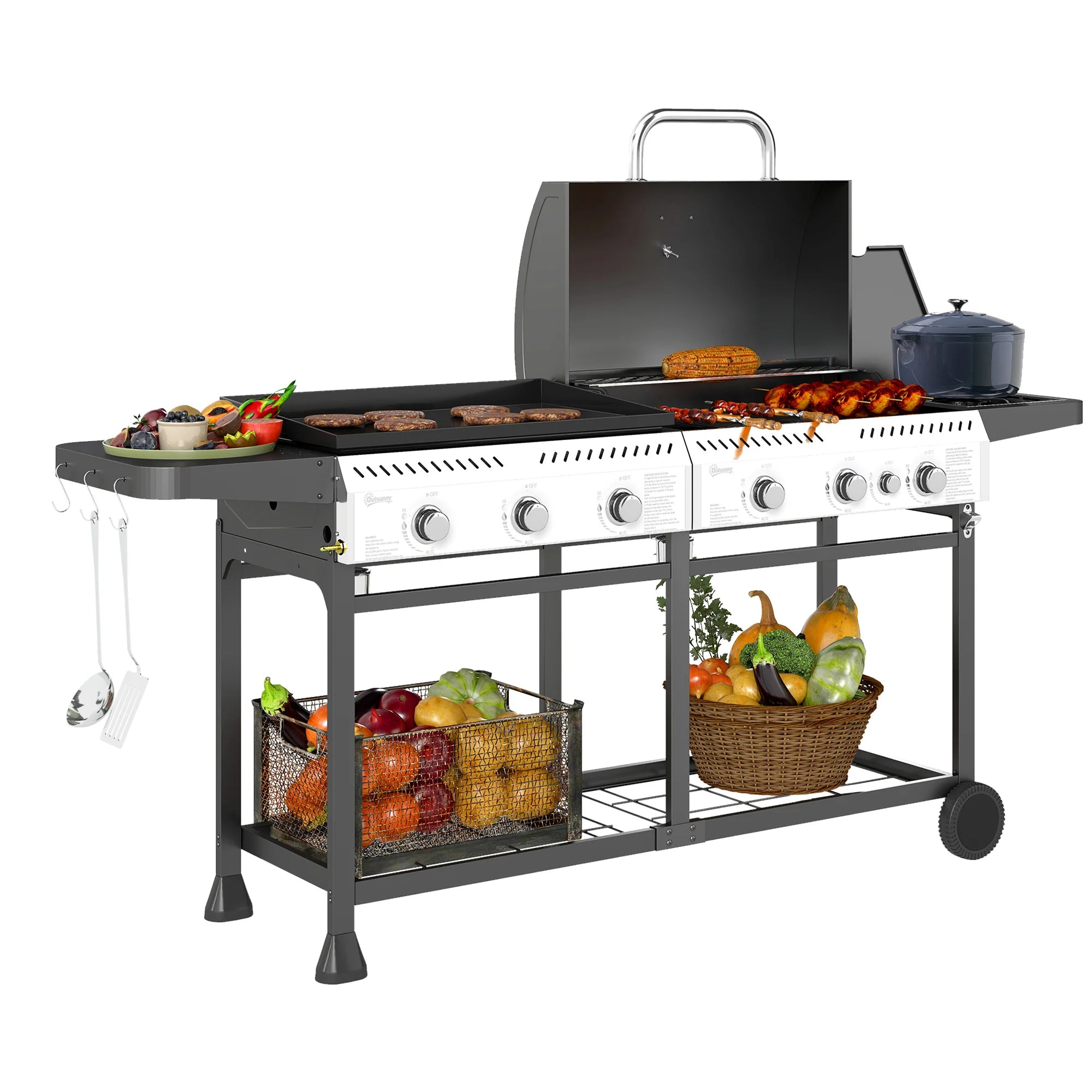 2-in-1 Gas BBQ and Plancha Grill 6+1 Burner 5565cm² Cooking Area with Thermometer Warming Rack and Wheels