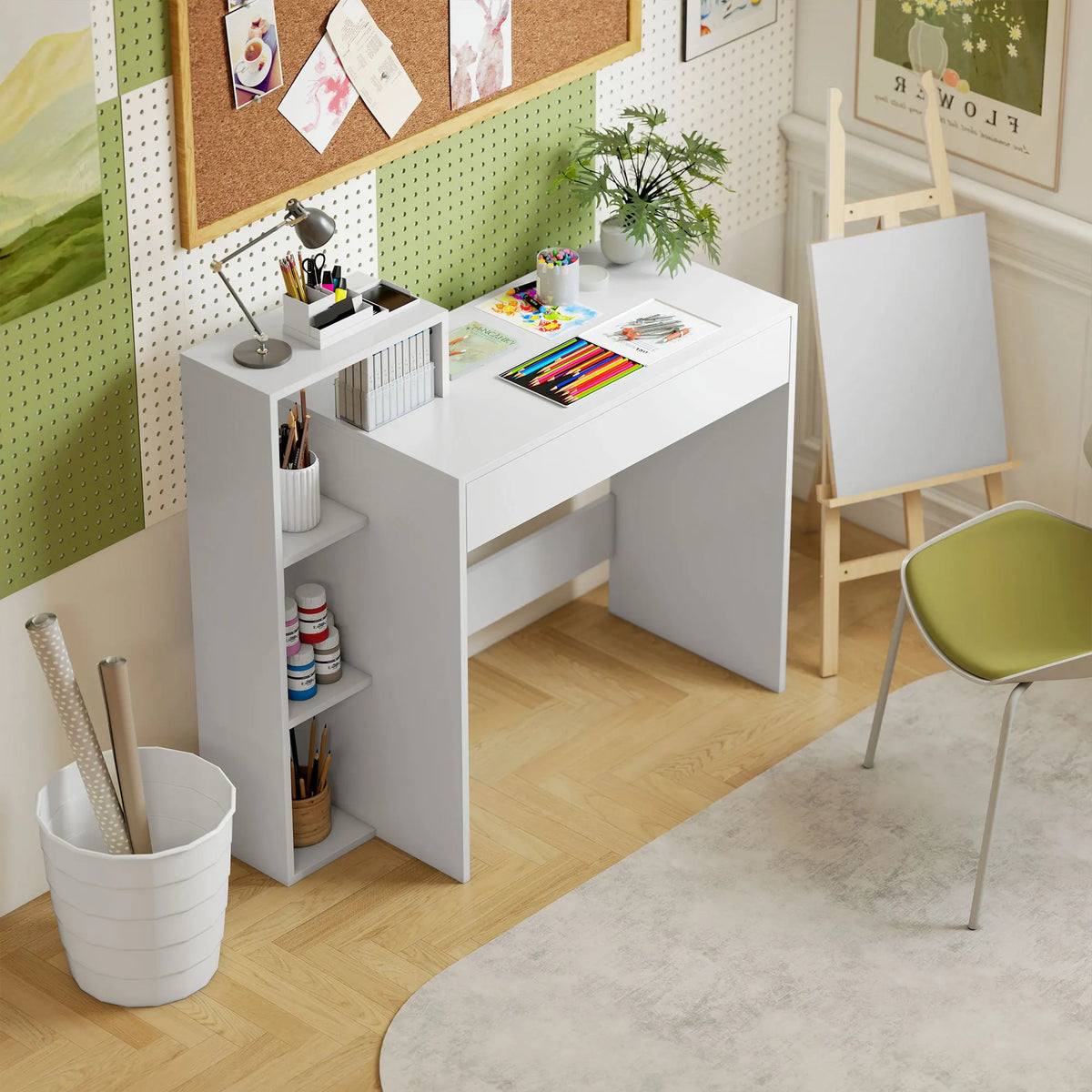 Compact Computer Desk with 3 Open Shelves and Drawer, 100cm, White