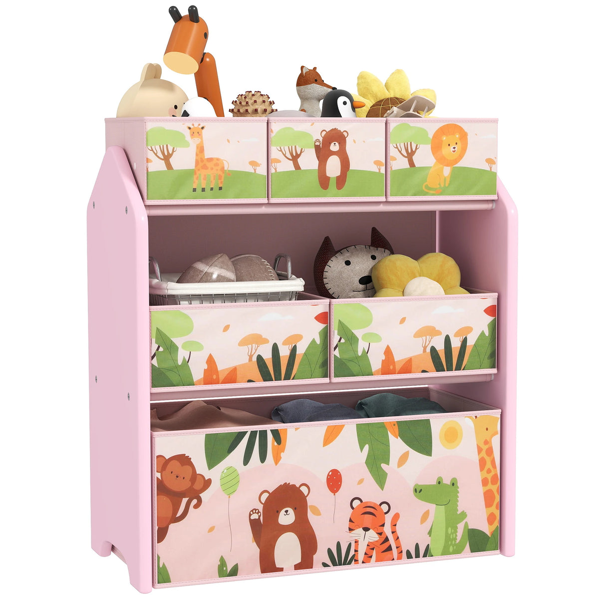 Kids Toy Storage Unit 3 Tier 63x30x66cm with 6 Removable Fabric Boxes MDF Rounded Edges Pink