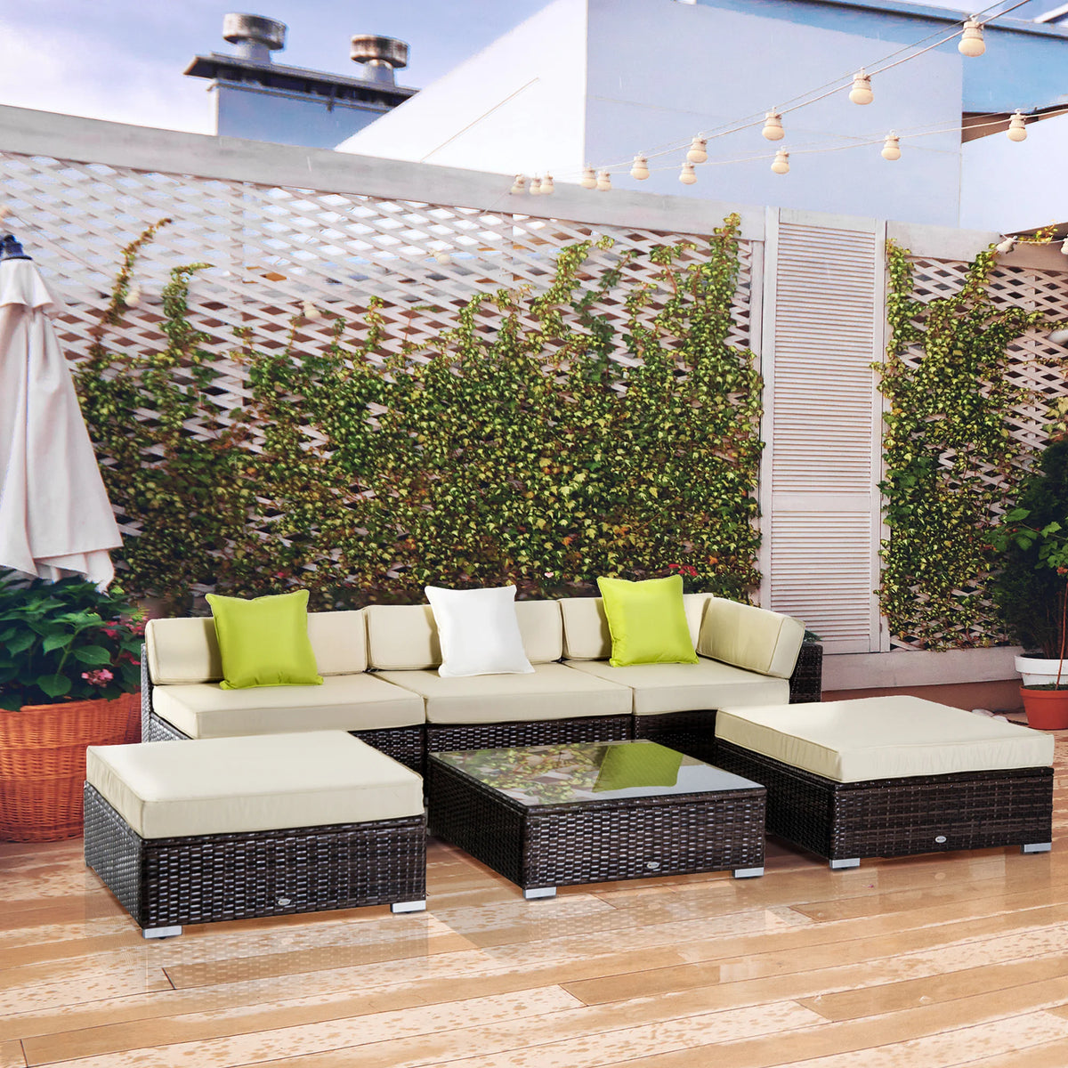 6 PC Rattan Sofa Coffee Table Set, Sectional Wicker Weave Furniture for Garden, Outdoor, Conservatory, Brown