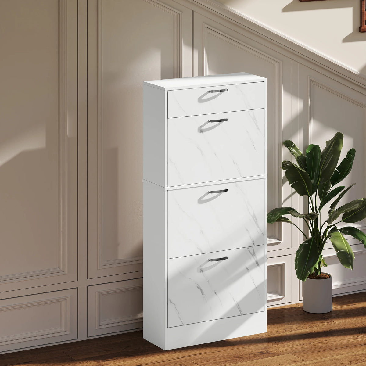 Shoe Cabinet for 18 Pairs with 3 Flip Drawers Two Position Inner Shelf Top Drawer Marble Effect Black